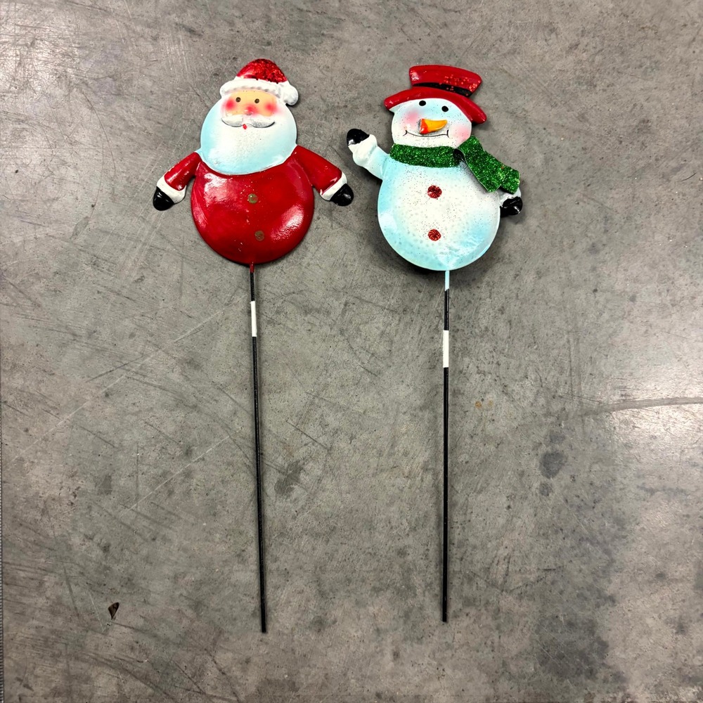 Christmas Metal Garden Stakes Set of 2 Santa and Snowman Glitter Holiday Decor